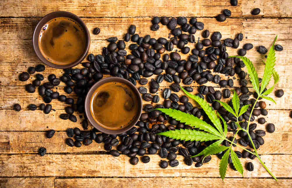 Coffee beans with cannabis leaf placed on top