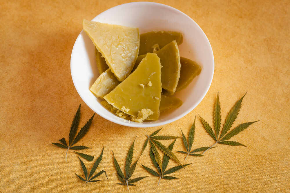 Cannabis butter with cannabis leaves around it