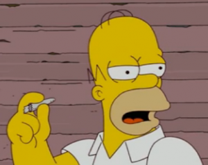 Homer Simson stoned, with a joint in his hand.