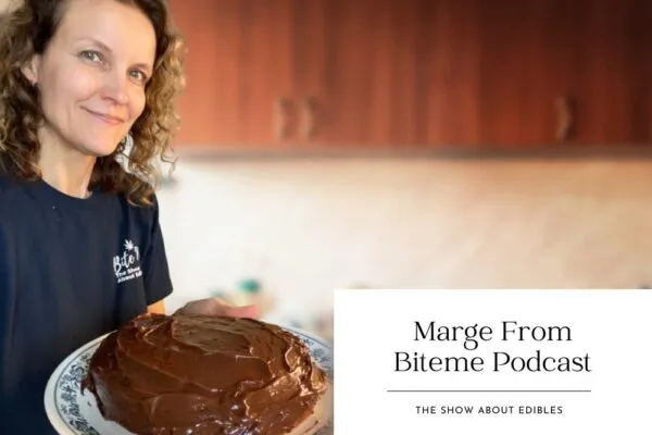 marge from biteme podcast the show about edibles holding a space cake she baked